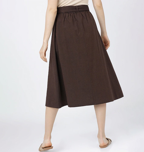 Women Brown Solid Cotton Casual-Fit A-Line Midi Skirt